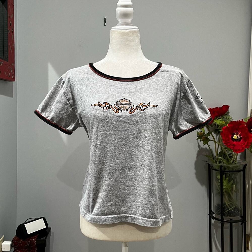 NEW Harley Davidson Vintage 90s Fire Flames Puffed Sleeve Hip Skimmer Logo Tee M